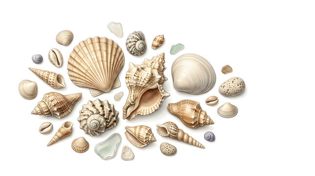 Collection of realistic seashells including scallop, conch, clam and spiral shells, harmonious neutral coastal palette, isolated on white background, clean composition, copy space, commercial stock 