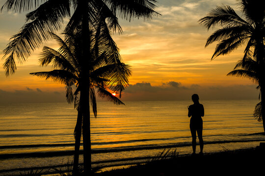 Sunrise with silhouette woman and coconut