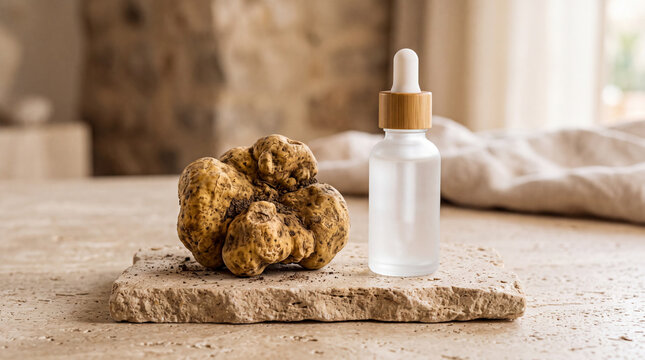 Luxury white truffle extract face serum in dropper bottle. Natural premium cosmetic mockup with raw truffle mushroom on stone podium.
