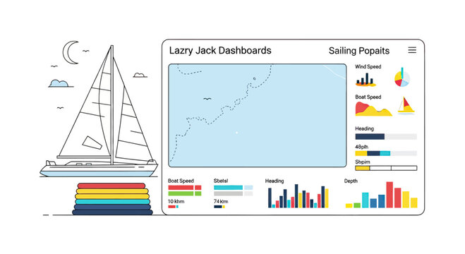 Sailing dashboard illustration with sailboat and nautical charts