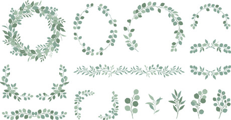 Watercolor eucalyptus wreath and border element vector set featuring elegant green botanical frames for wedding invitation branding and digital stationery design © ShantoChandra
