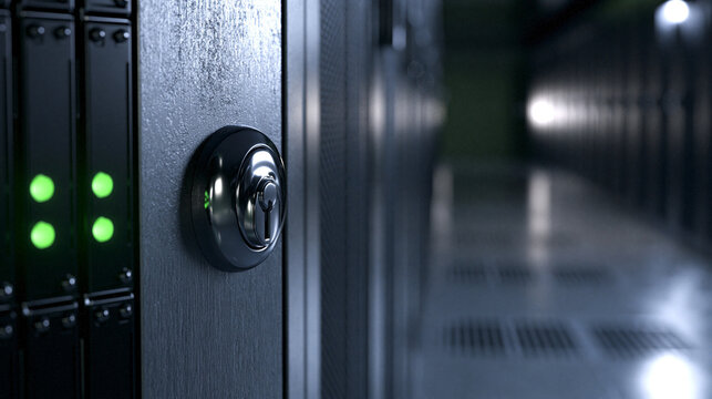 Close-up of a secure server lock in a data center with illuminated indicators, representing data security and technology