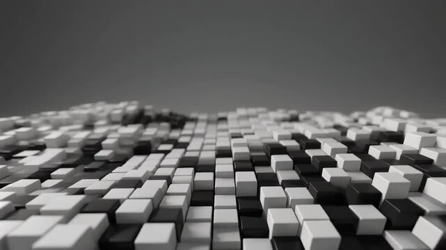 Abstract geometric pattern with shifting cube forms and grayscale tones