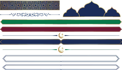 Islamic Border and Banner Ornament Set featuring Mosque Domes, Crescent Moon, Lanterns, and Arabic Geometric Patterns for Ramadan and Eid Greeting Card Designs © Morjina