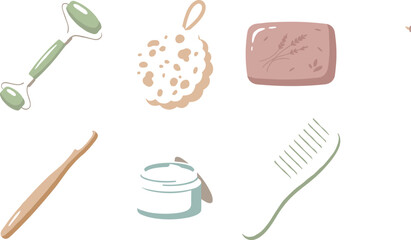 Minimalist Spa and Personal Care Vector Element Set with Jade Roller Sponge Soap Bar and Cream Jar for Eco Cosmetic Branding Layouts © ShantoChandra