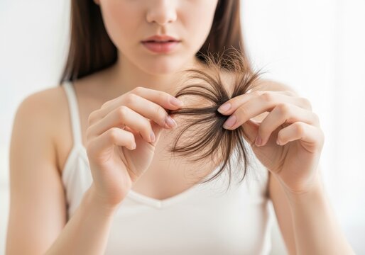 Young woman holding a small black hair clip while styling her dark hair at home