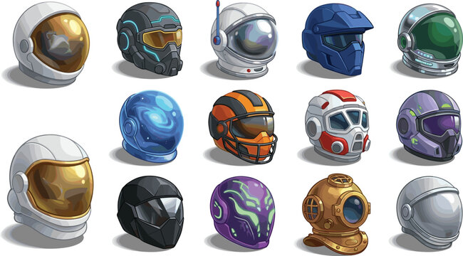 Futuristic Helmet Icon Set with Astronaut Spacesuit Headgear, Cyberpunk Sci-Fi Visors, Tactical Combat Armor, and Vintage Deep Sea Diving Brass Mask Vectors