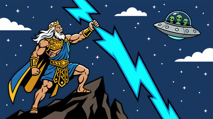 Muscular Zeus with Lightning Bolt on Mountain Peak, UFO with Aliens in Starry Night Sky, Flat Vector Illustration © Moh