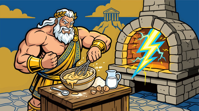 Muscular Zeus with Laurel Wreath Whisking Batter in Bowl Next to Oven with Lightning Bolts, Greek Mythology Baking Scene, Flat Vector Illustration