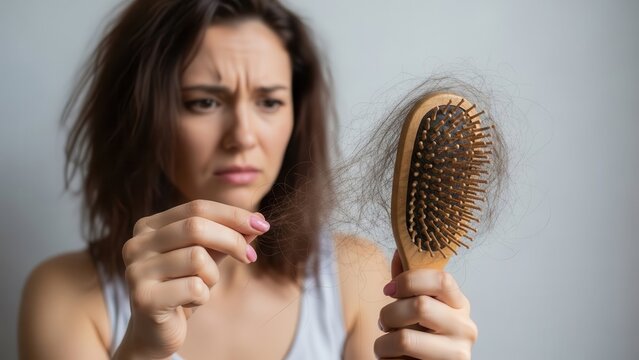 Stressed woman looking at hair loss on a wooden brush in her hand