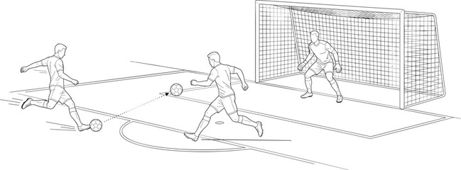 Soccer Players Attacking Goal with Goalkeeper Line Art Sports Illustration © MstAkhi