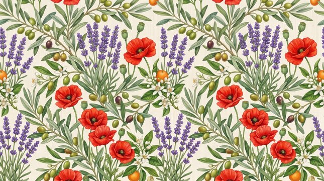 Title greece pattern watercolor olive branch and poppy botanical design with watercolor botanical lavender seamless