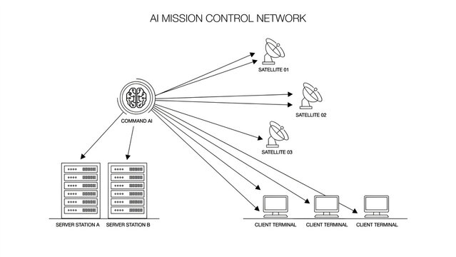 AI mission control network diagram with command AI server stations satellite dishes and client terminals