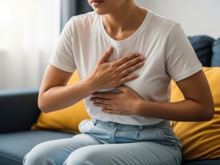 Fototapeta premium Young woman feeling chest pain and stomach ache while sitting on a couch at home