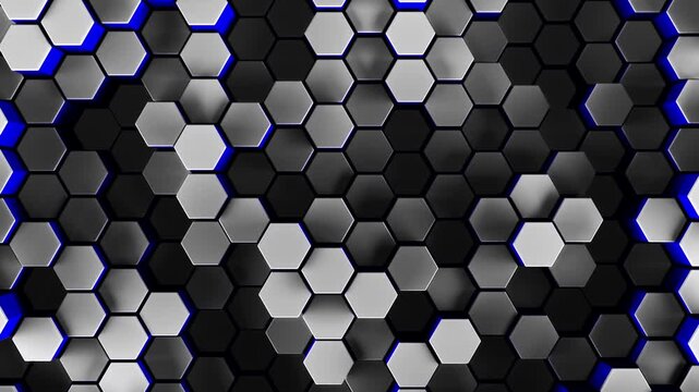 3d rendered honeycomb background of patterned hexagons. High contrast white and blue hex shapes moving in a loop. Random hexagonal patterns for futuristic, scientific, or technical backgrounds.