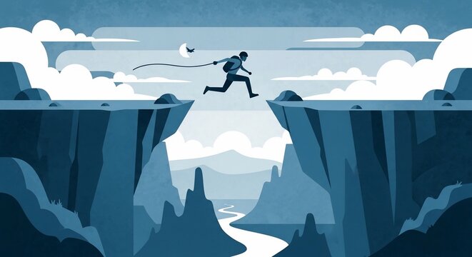Bold Leap of Faith: Graphic Illustration of Climber Bridging a Vast Canyon Under Moonlit Clouds
