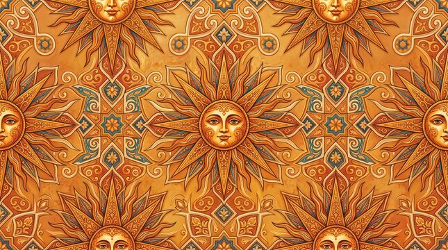 Greece pattern golden sun face celestial ornament seamless background with celestial mythology classical ornamental