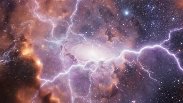 Powerful lightning strikes through a glowing nebula in deep space