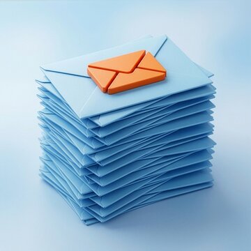 Stack of blue envelopes with orange mail icon for inbox concept