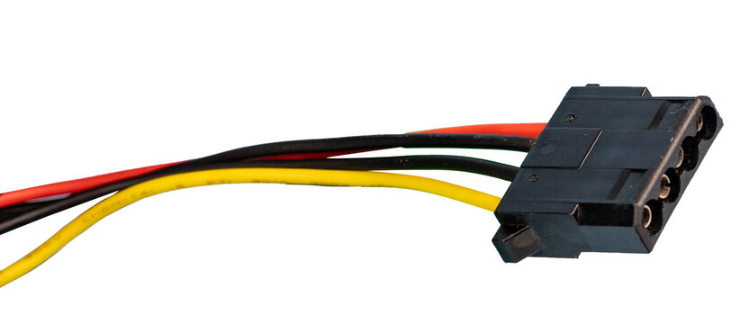 4-Pin Molex Power Connector Cable Isolated on Blue Background, Internal Computer PSU Power Supply Cable Close-Up
