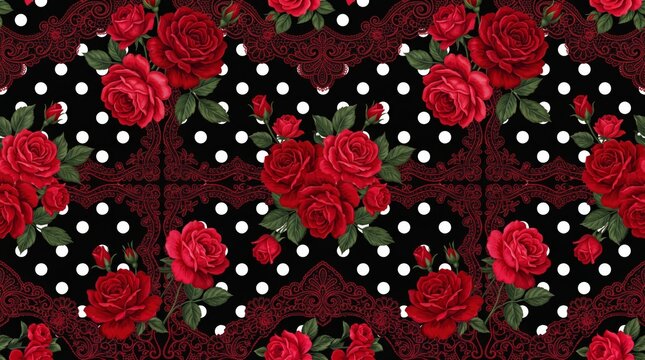 Greece pattern romantic red roses and polka dots with romantic ornamental decorative seamless wallpaper background