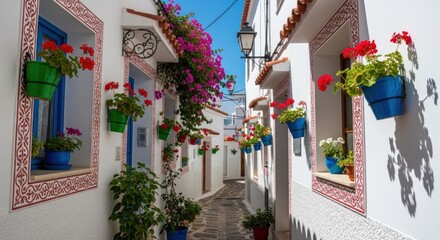 Fototapeta premium Charming alleyway with vibrant flowers and architecture under bright sunlight