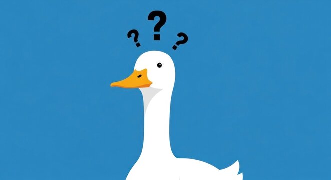 Cartoon white duck with question marks thinking on blue background