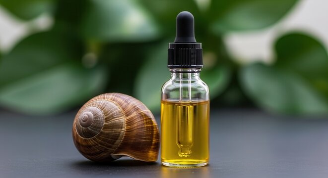 Natural snail mucin serum in glass dropper bottle, organic snail extract oil for skincare, anti-aging beauty product with green leaves