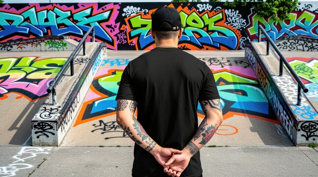 Tattooed man wears blank black t-shirt standing in urban skate park. Back view of guy with ink art on arms posing in front of colorful graffiti wall. Stylish male model displays cotton apparel