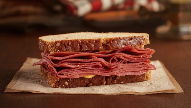 A rye corned beef sandwich on a paper napkin.