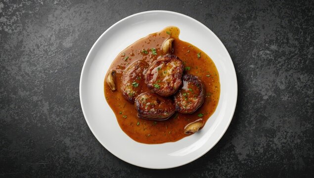 Aerial shot of beef medallions in mushroom sauce on a dark grey background.