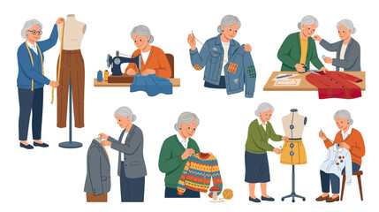 Elderly women engaged in various sewing and tailoring activities