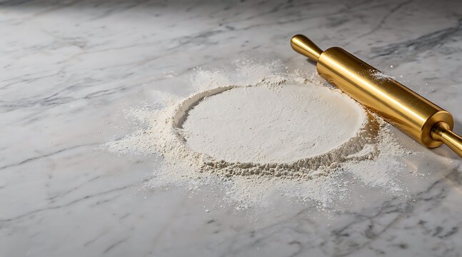 A golden rolling pin rests on a marble countertop next to a circle of flour, ready for baking.