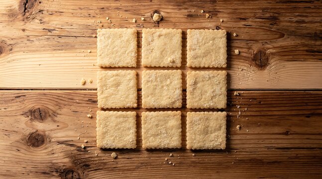 A top-down view of nine square crackers arranged in a 3x3 grid on a rustic wooden surface.