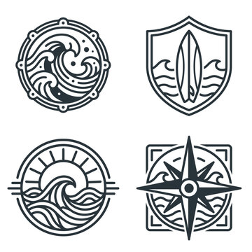 Set of four nautical-themed emblems featuring waves, a shield, a compass, and a surfboard design for maritime branding or decoration.
