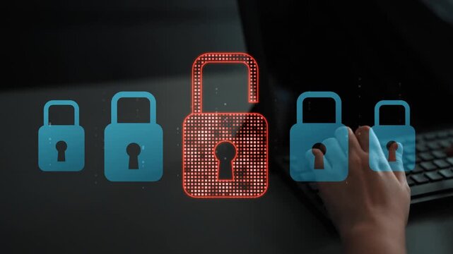 Digital security concept illustrating a cybersecurity breach, with a red unlocked padlock indicating data exposure among secure systems, emphasizing system vulnerability and risk Marrow