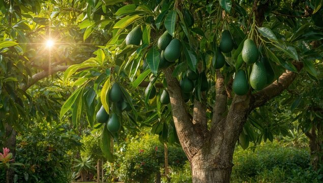 Avocados growing on tree branches in Thailand.