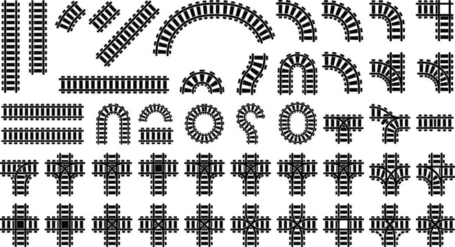 Modular railway track vector set, black train rail icons and construction elements, straight and curved railroad path segments for map design