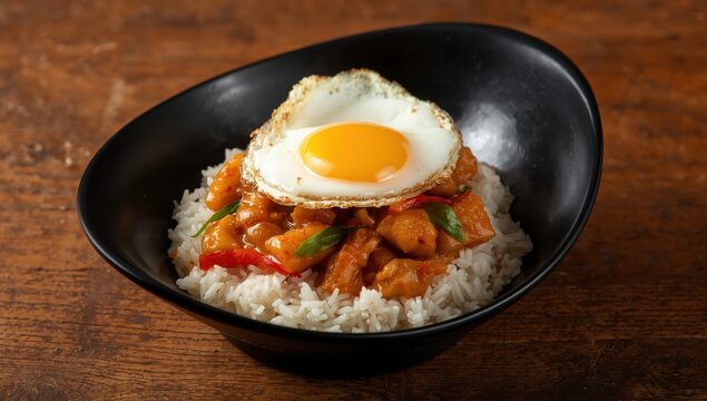 Basil chicken stir-fry over rice with a fried egg in a black bowl on a wooden surface.