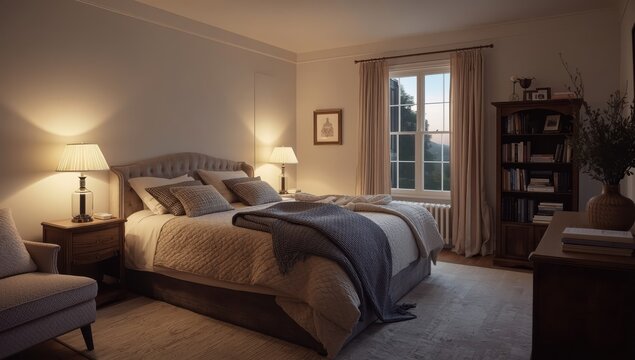 Bedroom scene featuring a bed with blankets and illuminated lamps at night.