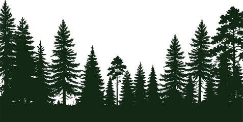 Pine forest silhouette vector, dark green evergreen trees landscape, coniferous woodland horizon for outdoor adventure and nature design © Creative Wings