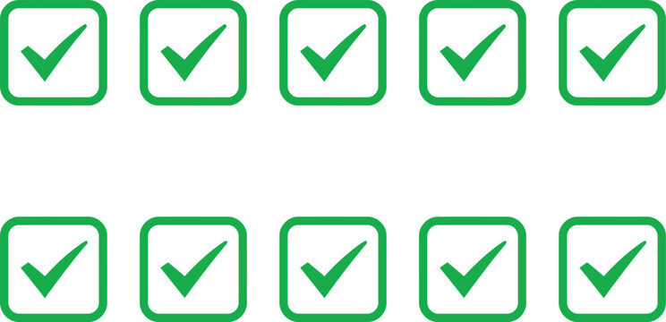 Ten green check mark icons confirmation and approval symbols