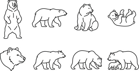 Bear Outline Collection Featuring Standing Walking Sitting Mother and Cub Playing Polar Bear Wildlife Animal Line Art Illustrations © MdBabul