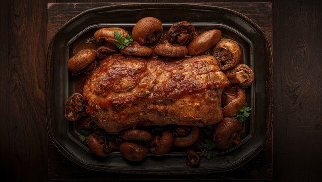 Braised pork loin with mushrooms against a dark backdrop.