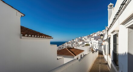Fototapeta premium Whitewashed buildings with terracotta roofs against a vibrant blue sky