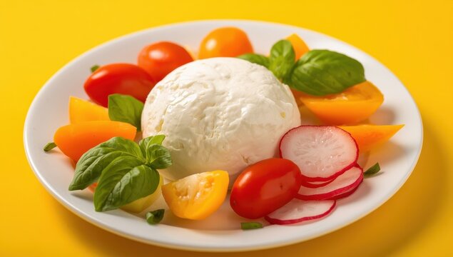 Burrata cheese on a plate against a yellow backdrop.