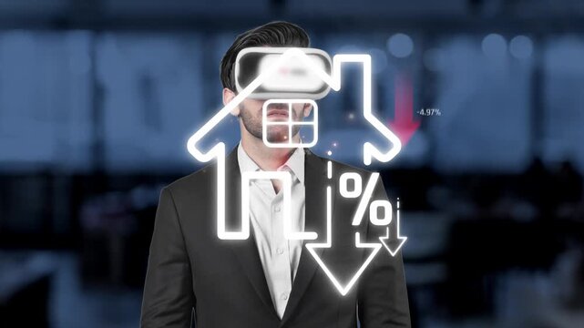 Business Professional Using Virtual Reality to Analyze Real Estate Market Trends with Declining Graphs and Financial Percentages Sigmoid