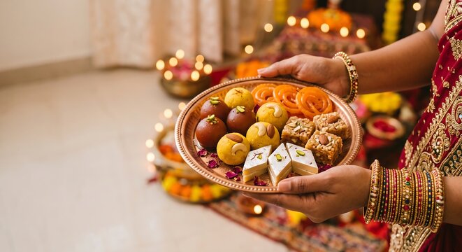Woman holding a plate with traditional Indian sweets for Diwali celebration. Festive platter with gulab jamun, jalebi and kaju katli. Hindu light festival ritual and food culture.