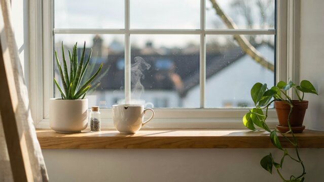 Hot beverage in ceramic cup on sunny window ledge with aloe vera plant and lavender jar overlooking blurred town rooftops in bright morning natural light.