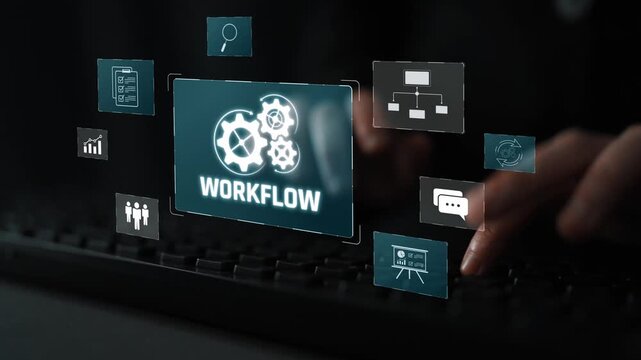 Workflow optimization concept featuring interconnected gears, task management, collaboration, process mapping, review, and automation for business productivity and efficiency Marrow